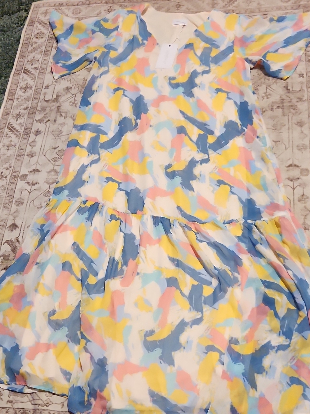 Adrienne Pastel Watercolor Tiered V‑Neck Casual Dress in Blue, Yellow, Pink